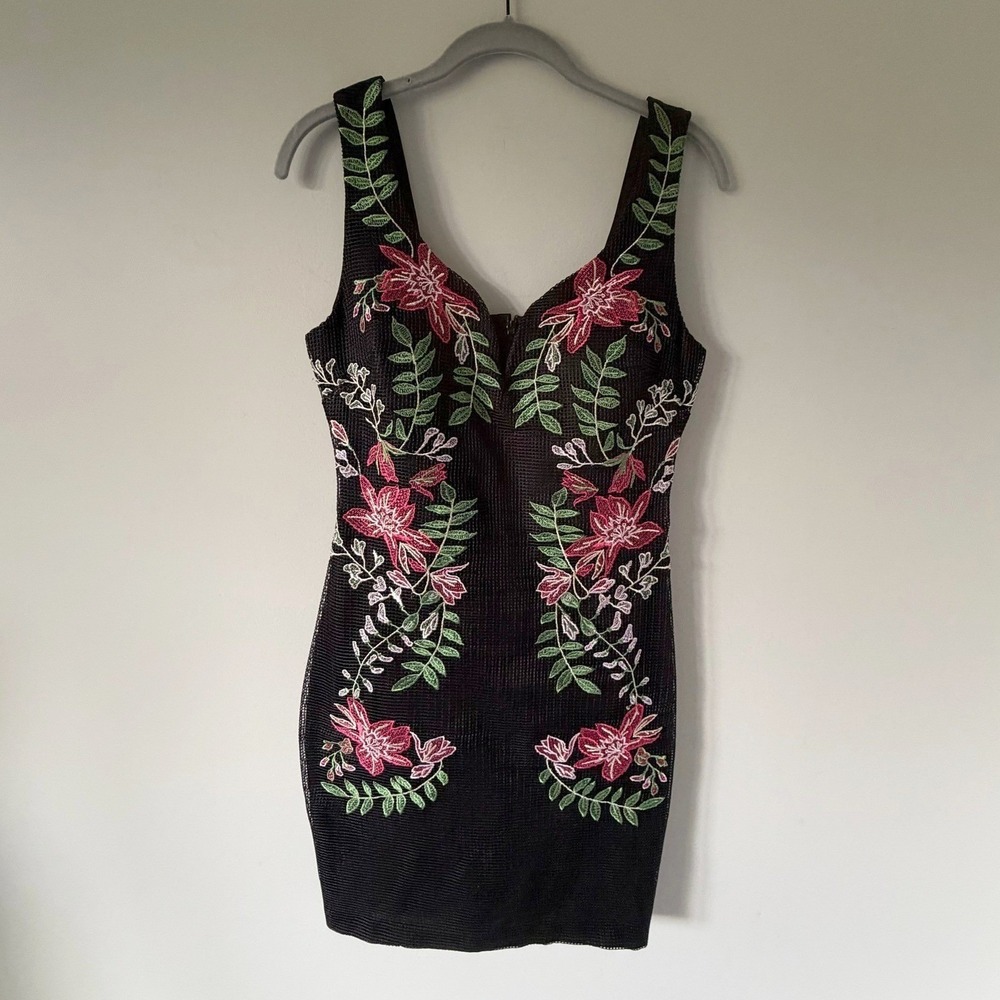 Guess Black Floral Embroidered Mesh Bodycon Mini Dress Size 4 LBD Chic Glam Sexy
